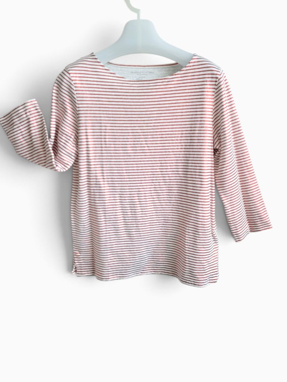 Majestic Filatures S Metallic Red Stripe Linen 3/4 Sleeve Boatneck Tee